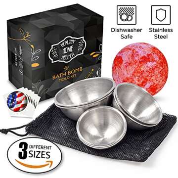 Stainless Steel Bath Bomb Molding Set-3 Metal Round Bath Bomb Molds (6 Half Spheres)- DIY Professional Molds for Fizzy Bombs: Instructional Pamphlet, E-Book & Mesh Storage Bag- Starter Kit
