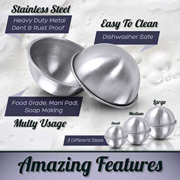 Stainless Steel Bath Bomb Molding Set-3 Metal Round Bath Bomb Molds (6 Half Spheres)- DIY Professional Molds for Fizzy Bombs: Instructional Pamphlet, E-Book & Mesh Storage Bag- Starter Kit