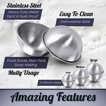 Stainless Steel Bath Bomb Molding Set-3 Metal Round Bath Bomb Molds (6 Half Spheres)- DIY Professional Molds for Fizzy Bombs: Instructional Pamphlet, E-Book & Mesh Storage Bag- Starter Kit