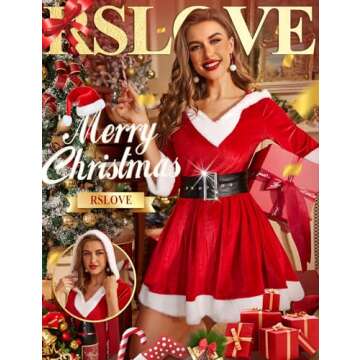 RSLOVE Christmas Lingerie for Women - Sexy Santa Babydoll Chemise with Belt in Red