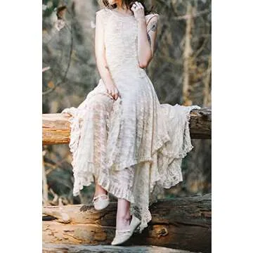 R.Vivimos Womens Sleeveless Backless Asymmetrical Layered Lace Long Dress with Slip Two Pieces (XL, Beige)