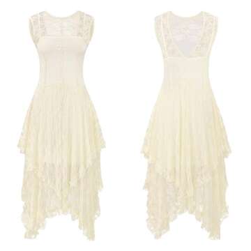 R.Vivimos Womens Sleeveless Backless Asymmetrical Layered Lace Long Dress with Slip Two Pieces (XL, Beige)