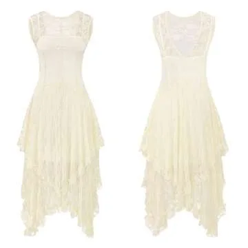 R.Vivimos Womens Sleeveless Backless Asymmetrical Layered Lace Long Dress with Slip Two Pieces (XL, Beige)