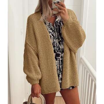 PRETTYGARDEN Womens Oversized Cardigan Sweaters 2025 Fall Long Lantern Sleeve Knit Open Front Lightweight Sweater (Camel,Small)
