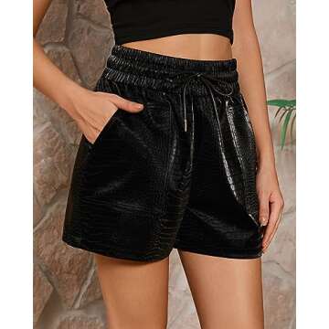 QIANXIZHAN Women's Leather Shorts, Faux High Waisted Wide Leg Sexy Shorts Black Crocodile L