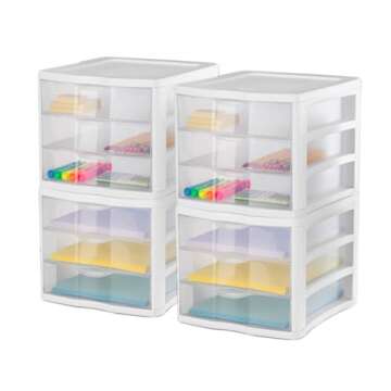 Sterilite 4-Pack Storage Organizer System for Home, Office or Dorm, 3-Drawer, White/Clear