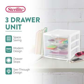 Sterilite 4-Pack Storage Organizer System for Home, Office or Dorm, 3-Drawer, White/Clear