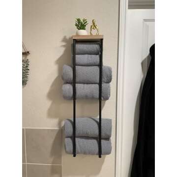 Towel Racks for Bathroom, 2 Tier Wall Towel Holder with Wood Shelf, Metal Wall Towel Rack Mounted Towel Storage for Small Bathroom （Black
