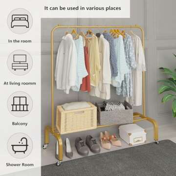 JIUYOTREE Metal Clothing Rack with Wheels 43.3 Inches Rolling Clothes Garment Coat Rack with Bottom Shelf Clothing Rack for Hanging Clothes Coats Skirts Shirts Sweaters Gold