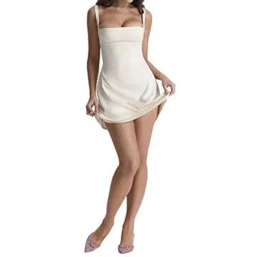 LouVasabuce Women Summer Y2k Sling Dress Sleeveless Sexy Spaghetti Straps Lacing Pleated See-Through Party Night Mini Dress (F# Beige White, S)