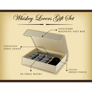 Set of 9 Grey Beverage Chilling Stones [Chill Rocks] Whiskey Stones for Whiskey and Other Beverages - in Gift Box with Velvet Carrying Pouch - Made of 100% Pure Soapstone - by Quiseen
