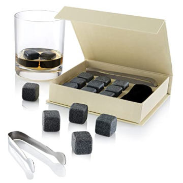 Set of 9 Grey Beverage Chilling Stones [Chill Rocks] Whiskey Stones for Whiskey and Other Beverages - in Gift Box with Velvet Carrying Pouch - Made of 100% Pure Soapstone - by Quiseen