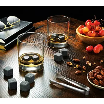Set of 9 Grey Beverage Chilling Stones [Chill Rocks] Whiskey Stones for Whiskey and Other Beverages - in Gift Box with Velvet Carrying Pouch - Made of 100% Pure Soapstone - by Quiseen