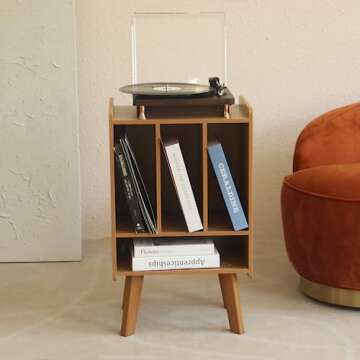 AWASEN Record Player Stand with Vinyl Storage, Turntable Stand with Record Storage, Vinyl Record Table Holds Up to 100 Albums, 3 Tier End Table with Wood Legs for Living Room Bedroom Office (Brown)