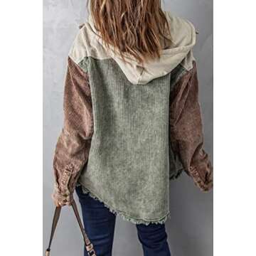 chouyatou Women's Casual Corduroy Open Front Hooded Color Block Shirts Shackets Jacket (X-Large, Green)