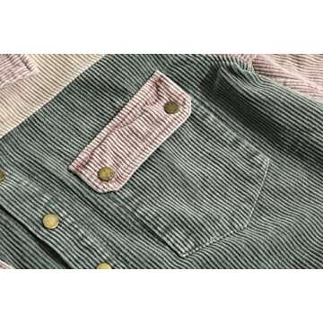 chouyatou Women's Casual Corduroy Open Front Hooded Color Block Shirts Shackets Jacket (X-Large, Green)