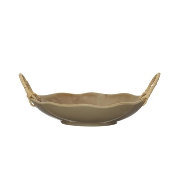 Creative Co-Op Stoneware Bowl with Rattan Handles