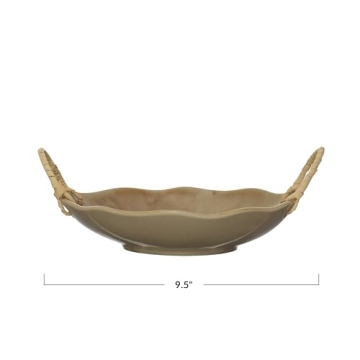 Creative Co-Op Stoneware Bowl with Rattan Handles