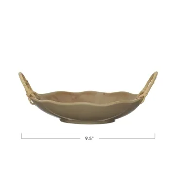 Creative Co-Op Stoneware Bowl with Rattan Handles