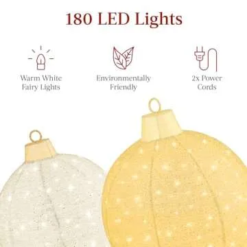 Best Choice Products 2pc Lighted Pop-Up Outdoor Christmas Ornament Set, Holiday Ball Decoration w/ 180 LED Lights, 8 Light Functions - Gold/White