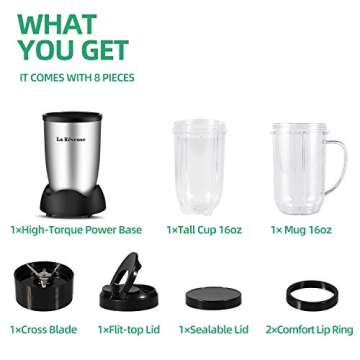 La Reveuse Personal Size Blender 250 Watts Power for Shakes Smoothies Seasonings Sauces with 2 Pieces 16 oz Mug -Silver