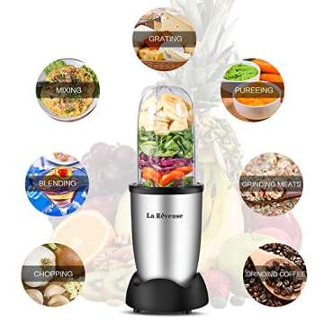 La Reveuse Personal Size Blender 250 Watts Power for Shakes Smoothies Seasonings Sauces with 2 Pieces 16 oz Mug -Silver