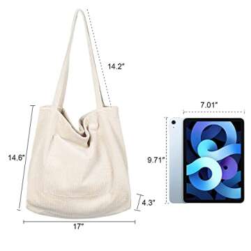 ALUWU Corduroy Tote Bag for Women Girl Casual Work Canvas Shoulder Handbags Cute Large Purse Beige