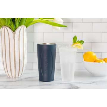 Vinglacé Stainless Steel Drink Tumbler- Insulated Hot and Cold Beverage Cup with Glass Insert and Lid, 14 oz, Navy
