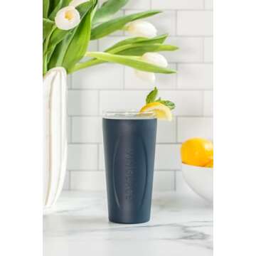 Vinglacé Stainless Steel Drink Tumbler- Insulated Hot and Cold Beverage Cup with Glass Insert and Lid, 14 oz, Navy