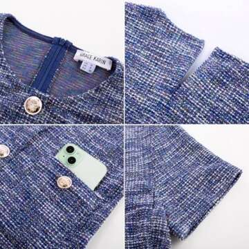 GRACE KARIN Mini Dresses for Women Fashion Bodycon Short Sleeve Tweed Dress Business Work Fall Clothes 2024 with Pockets Navy Blue 10