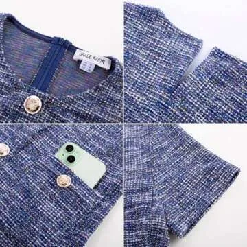 GRACE KARIN Mini Dresses for Women Fashion Bodycon Short Sleeve Tweed Dress Business Work Fall Clothes 2024 with Pockets Navy Blue 10