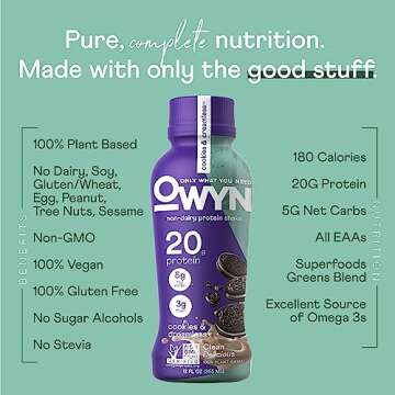 OWYN Only What You Need Plant Based Protein Shake, 20g Vegan Protein from Organic Pumpkin Seed, Flax, Pea Blend, Prebiotic Supplement, Superfood Greens, Gluten & Soy-Free (Cookies & Creamless)