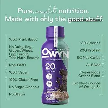 OWYN Only What You Need Plant Based Protein Shake, 20g Vegan Protein from Organic Pumpkin Seed, Flax, Pea Blend, Prebiotic Supplement, Superfood Greens, Gluten & Soy-Free (Cookies & Creamless)
