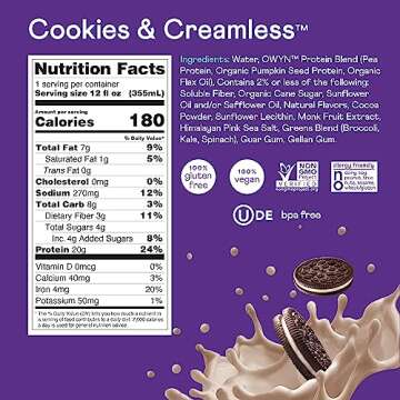 OWYN Only What You Need Plant Based Protein Shake, 20g Vegan Protein from Organic Pumpkin Seed, Flax, Pea Blend, Prebiotic Supplement, Superfood Greens, Gluten & Soy-Free (Cookies & Creamless)