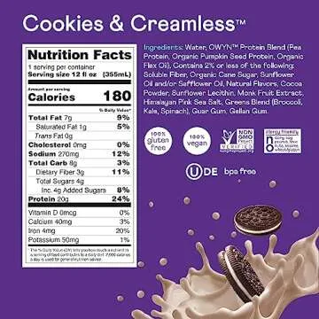 OWYN Only What You Need Plant Based Protein Shake, 20g Vegan Protein from Organic Pumpkin Seed, Flax, Pea Blend, Prebiotic Supplement, Superfood Greens, Gluten & Soy-Free (Cookies & Creamless)