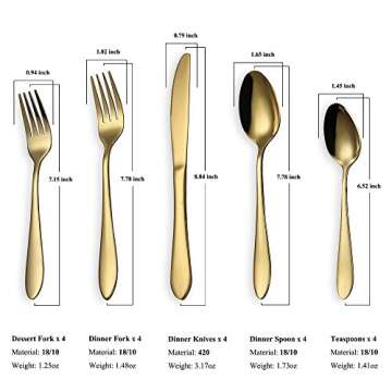 HOMQUEN Stainless Steel Titanium Plated Golden Flatware Set 20 Piece, Golden Flatware Set, Golden Si...