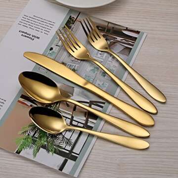 HOMQUEN Stainless Steel Titanium Plated Golden Flatware Set 20 Piece, Golden Flatware Set, Golden Silverware Set Service for 4 (Shiny Golden)