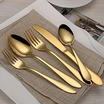 HOMQUEN Stainless Steel Titanium Plated Golden Flatware Set 20 Piece, Golden Flatware Set, Golden Silverware Set Service for 4 (Shiny Golden)