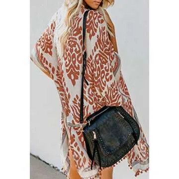 Sidefeel Women Print Pom Pom Tassel Kimono Beach Cover Up Cardigan Top One Size Orange