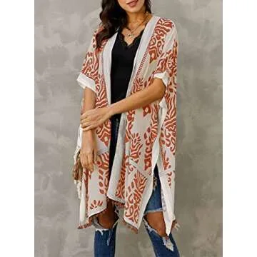 Sidefeel Women Print Pom Pom Tassel Kimono Beach Cover Up Cardigan Top One Size Orange