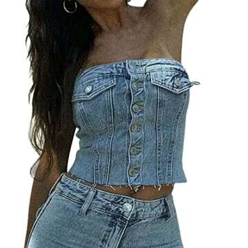 Sunloudy Women Denim Push Up Bustier Tube Top Strapless Button Up Corset Off Shoulder Crop Top Streetwear(#A Blue b,S)