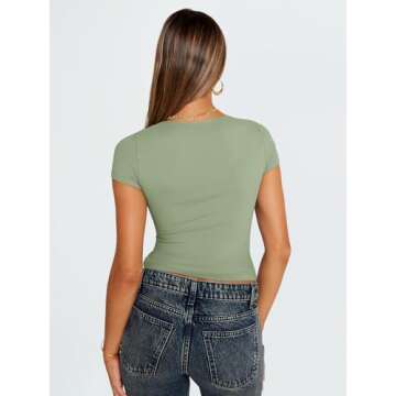 Trendy Queen Womens V Neck T-Shirts Going Out Tops Short Sleeve Slim Fit Basic Y2K Clothes 2025