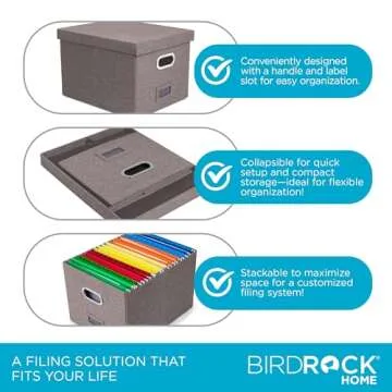 Internet's Best Collapsible File Box Storage Organizer with Lid - Decorative Linen Filing & Storage Office Boxes – Hanging Letter/Legal Folder – Home Office Bins Cabinet – Grey Container - 1 Pack
