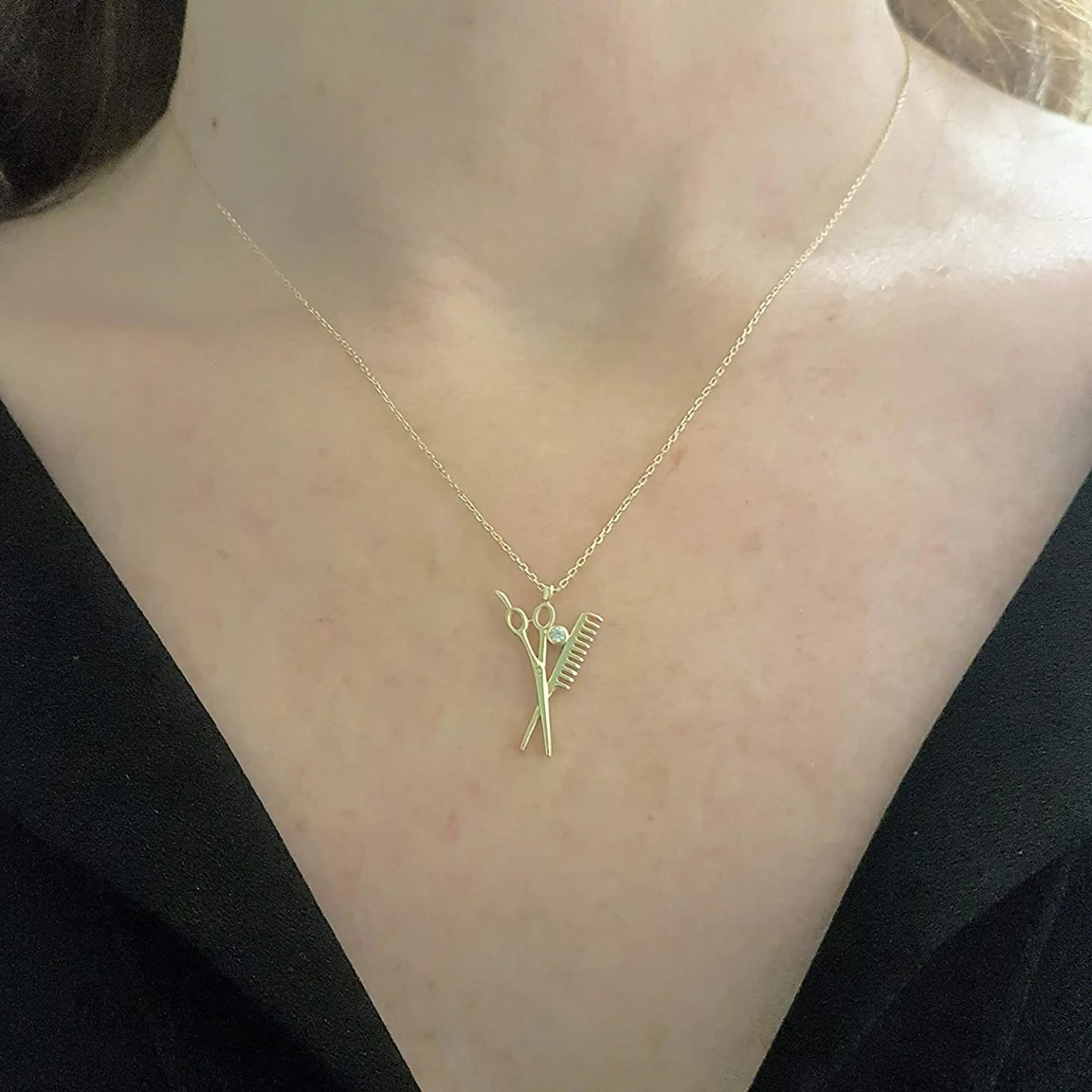 14K Gold Scissors Comb Charm Necklace for Stylists