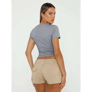 Trendy Queen Womens Basic T Shirts Scoop Neck Short Sleeve Crop Tops Slim Fit Summer Tees Y2k Clothing 2025 Light Grey S