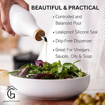 Grace Homewares Olive Oil Dispenser Bottle Stoneware Ceramic for EVOO or Vinegar | Modern Design | Large Capacity 16.9 ounce | Oil Container | White