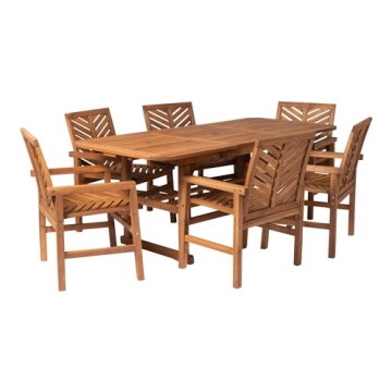 Walker Edison AZW7TXVINBR 6 Person Outdoor Wood Chevron Patio Furniture Dining Set Extendable Table ...
