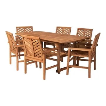 Walker Edison AZW7TXVINBR 6 Person Outdoor Wood Chevron Patio Furniture Dining Set Extendable Table Chairs All Weather Backyard Conversation Garden Poolside Balcony, 7 Piece, Brown