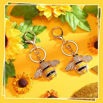 Sureio Rhinestone Bee Keychain 2 Pieces Animal Key Chain Cute Yellow Bee Crystal Keychain with Lobster Clasp Charm Pendant Keyring for Bag Purse Wallet