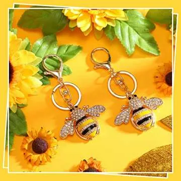 Sureio Rhinestone Bee Keychain 2 Pieces Animal Key Chain Cute Yellow Bee Crystal Keychain with Lobster Clasp Charm Pendant Keyring for Bag Purse Wallet
